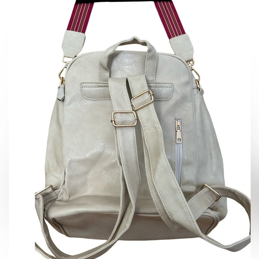 New Cream Faux Leather Back Pack, Vibrant Boho Print Removable Shoulder Strap